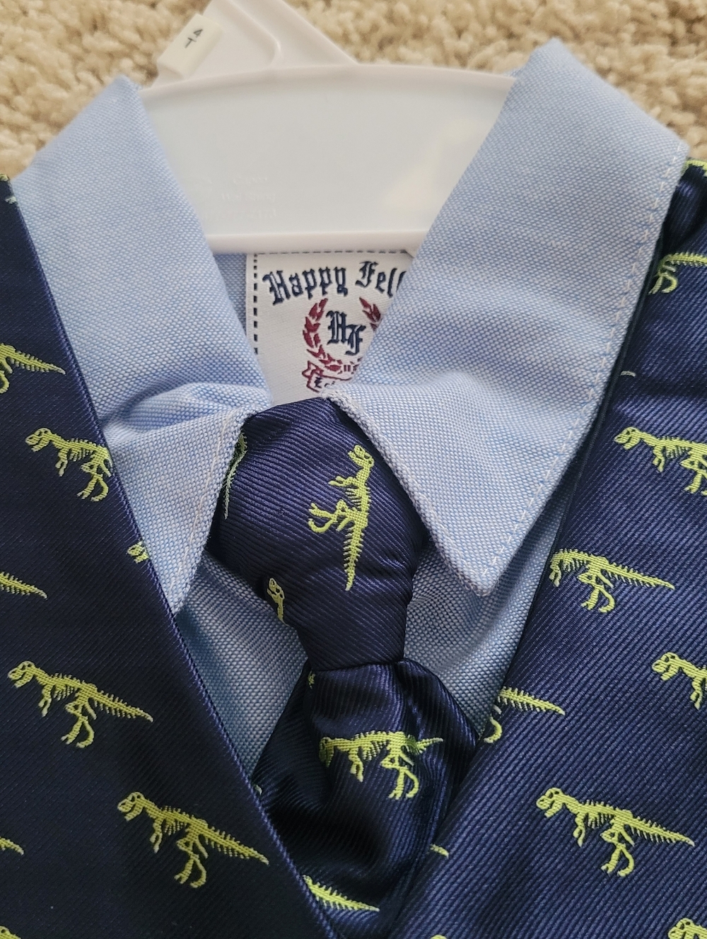 NWT Happy Fella Boys 4T Blue Dresshirt Navy Trex Dinosaur Vest & Tie - Picture 4 of 7